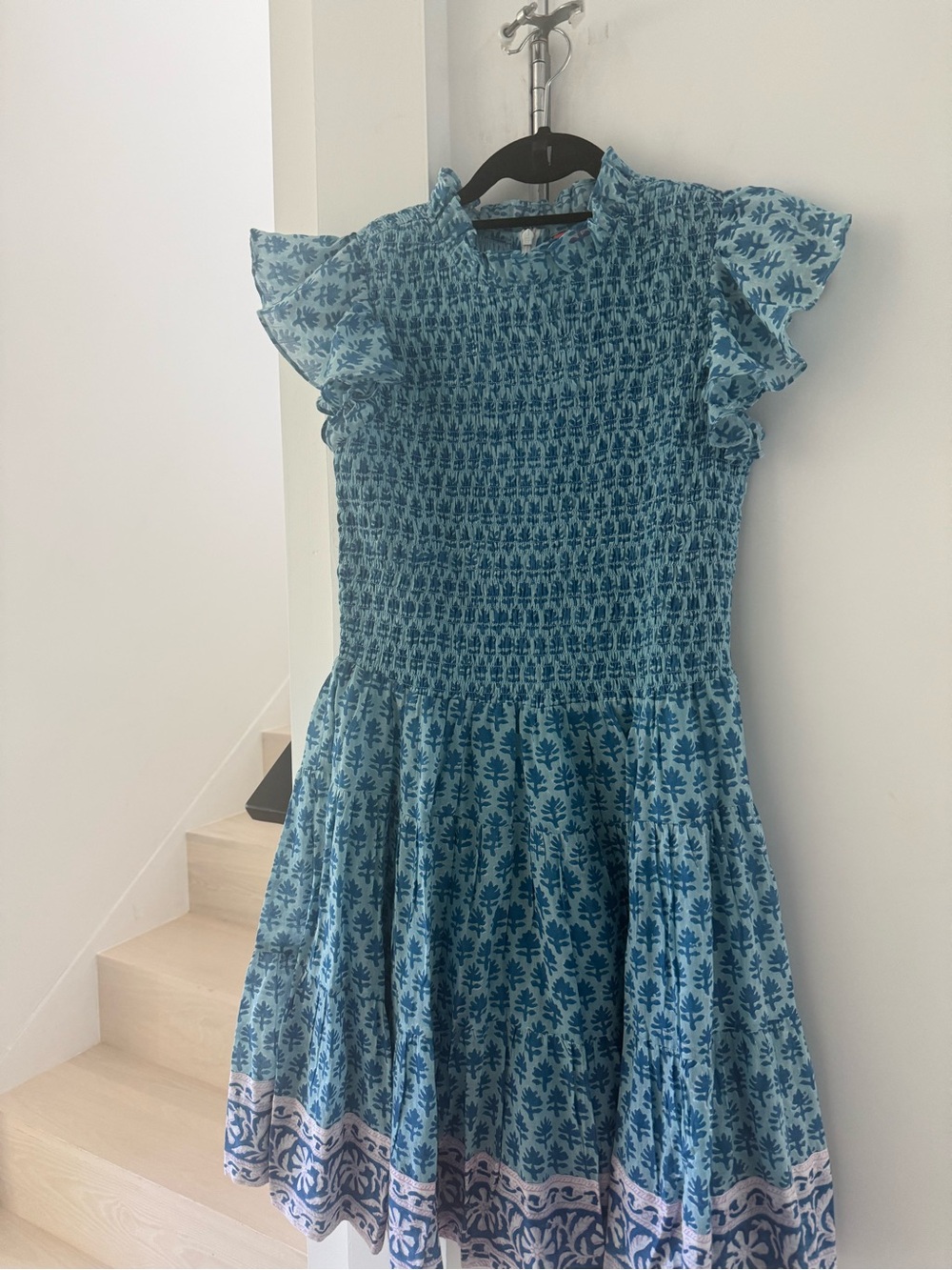 Oliphant Blue Floral Smocked Midi Dress with Ruffle Sleeves